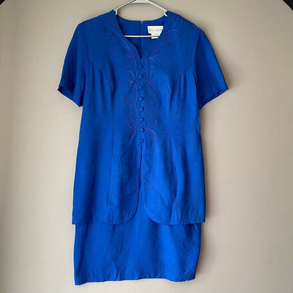 VTG Miss Dorby 12 Blue Grandmacore‎ Dress 90s Jacquard Embroidered Sheath Retro